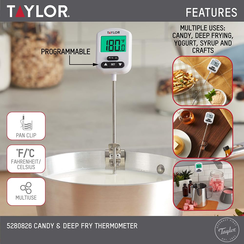Taylor Programmierbares digitales Süßigkeiten- und Frittierthermometer mit Grünlicht-Alarmanzeige und verstellbarem Pfannenclip