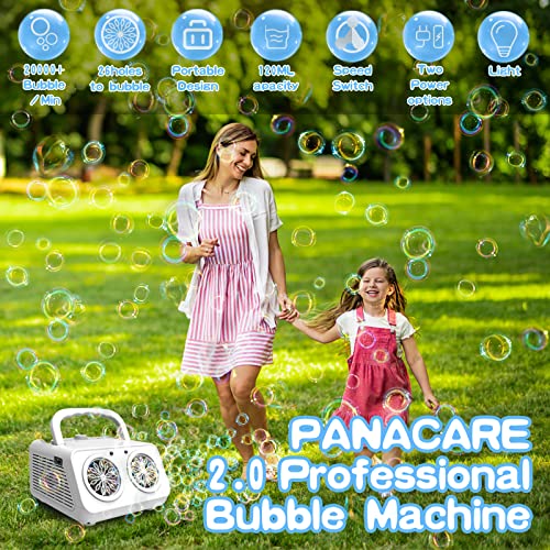 PANACARE 2.0 Automatische Seifenblasenmaschine, Tragbar Professional Bubble Machine 20000+ Bubbles/Min mit Seifenblasenwasser/26 Löchers, Kinder Geschenk für Kinder/Hochzeit/Geburtstag/Bühne/Party