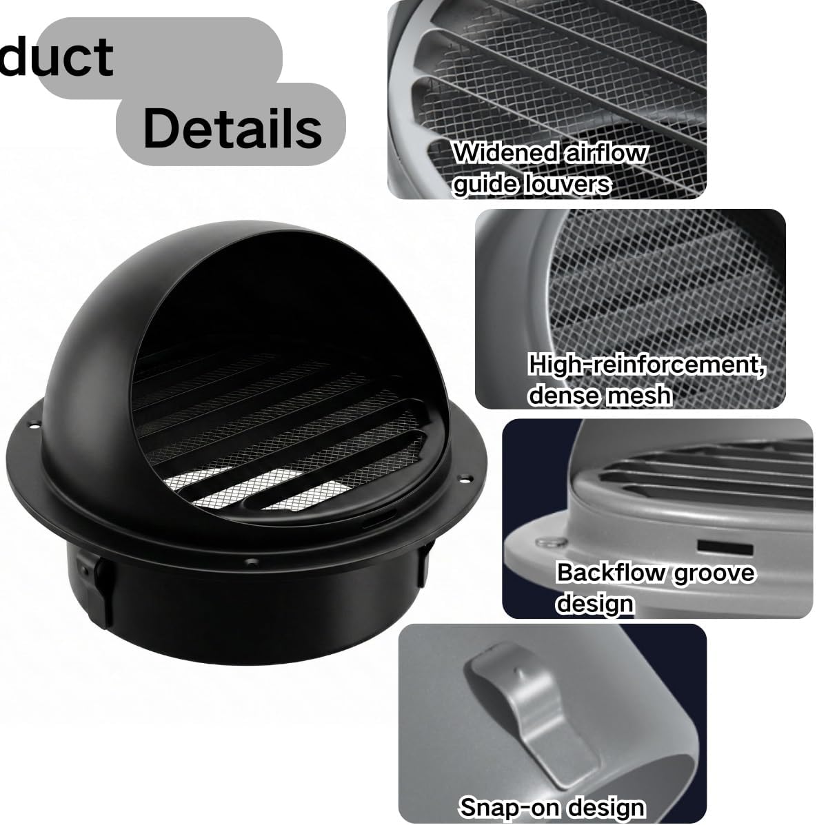 6 Inch Round Vent Cover, Metal Dryer Vent Cover, Black 304 Stainless Steel Air Vents for Wall, Soffit Exhaust Vents Grille Outside, Quick Snap in Insert Plus Free Gloves(180mm/7.1in)