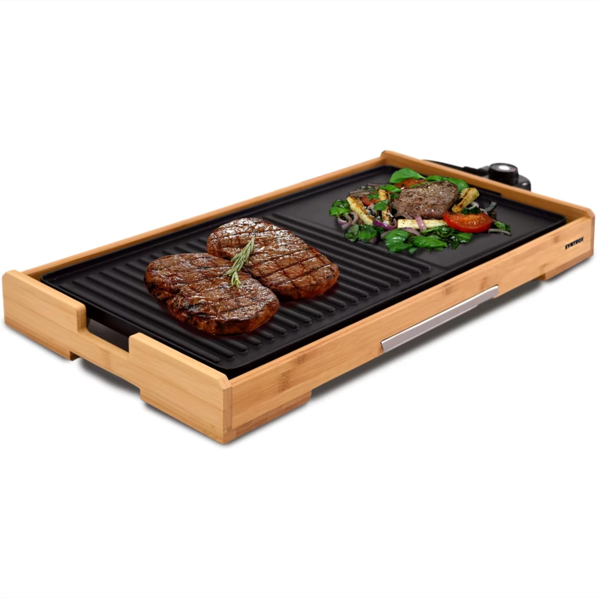 Syntrox Germany Elektrogrill Plancha Splendira, Tischgrill, 2200 Watt, Kontaktgrill, Grillplatte, Campinggrill, Antihaftbeschichtete Grillplatten, inklusive Thermostat, Schwarz-Bambus