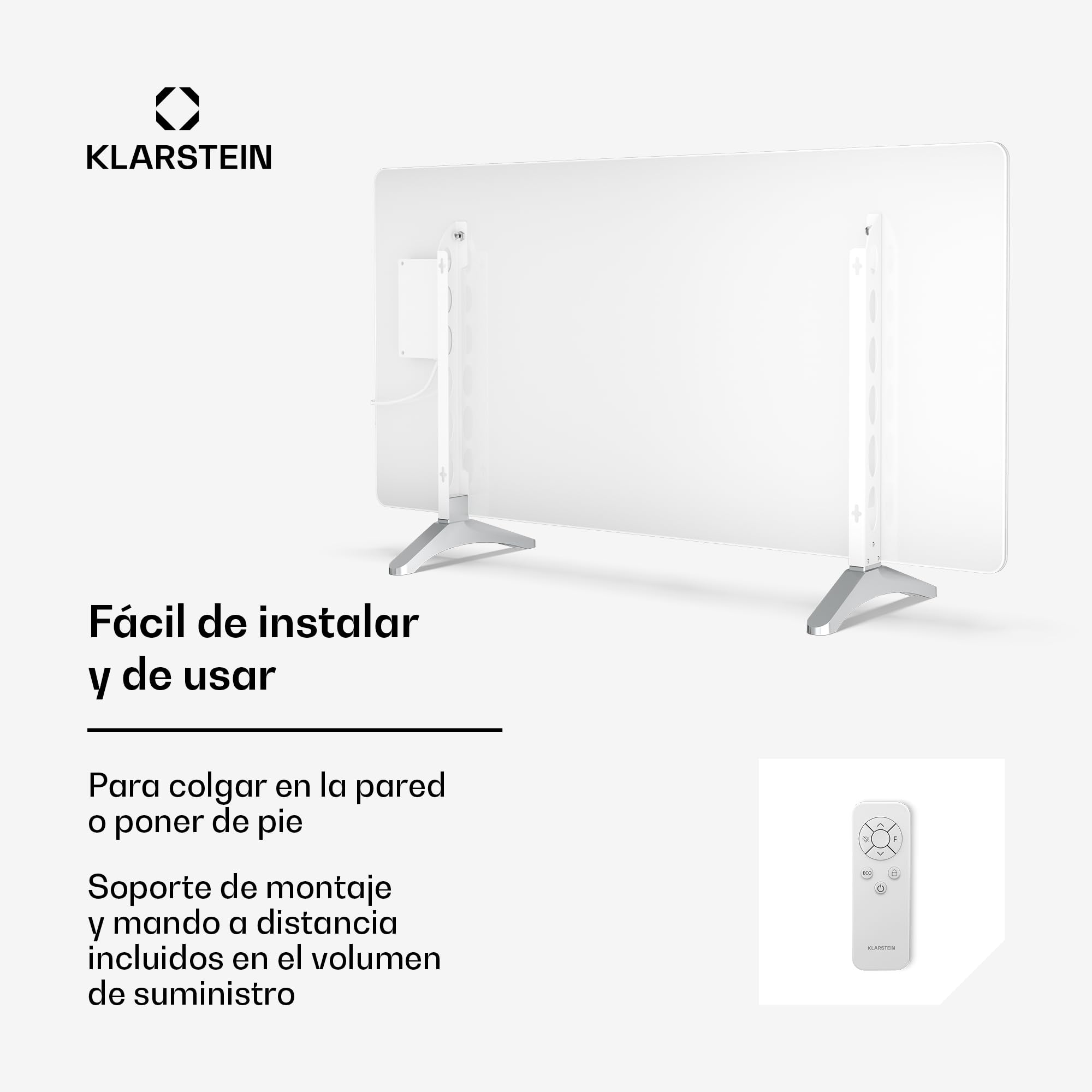 Klarstein Calefactor Infrarrojo, 720W – Panel de Vidrio, Montaje en Pared o Independiente, WiFi/App, Termostato, IP43 Baño, Temporizador, Seguridad Infantil, Calefacción Eficiente, Blanco