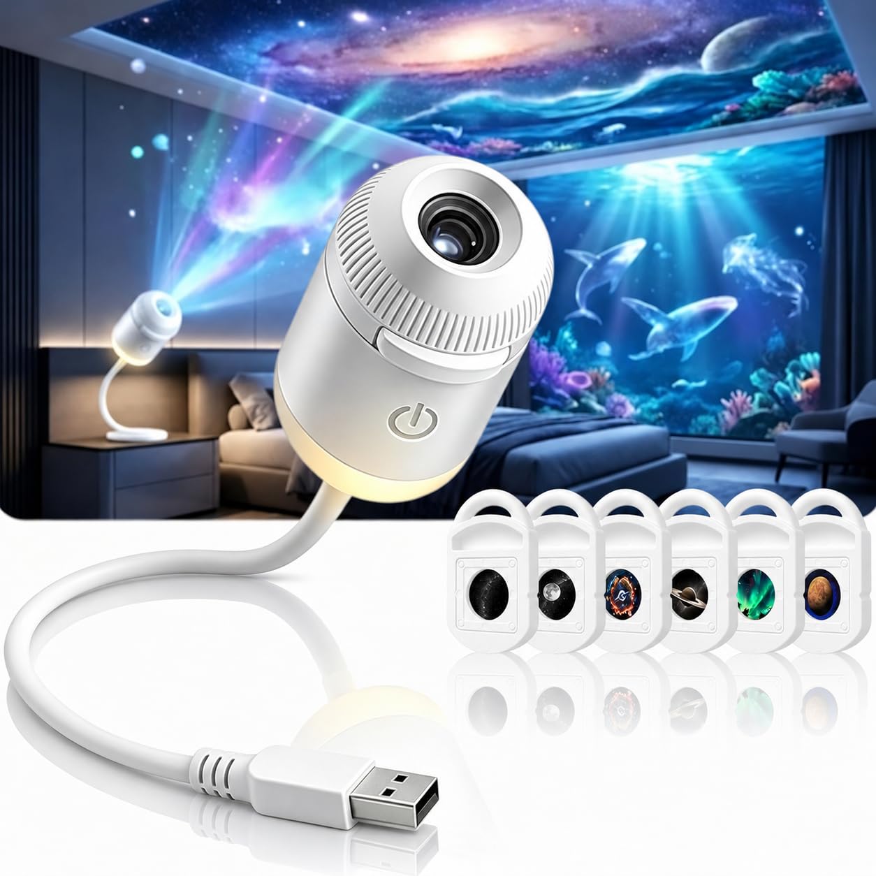 HD Smart Dynamic 5D Holographic Night Light Projector, Plug and Play HD Star Projector with 3/6/12/24 Projection Films, Plug-and-Play, 360° Adjustable, USB Powered, Starry Sky Planetarium (6 Films)