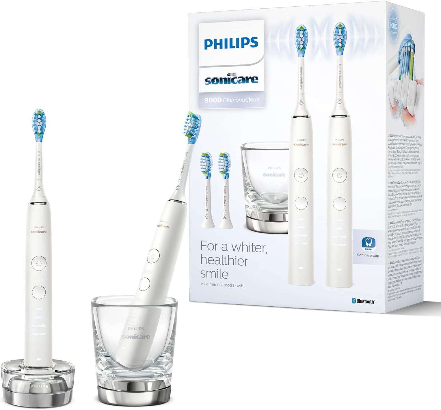 Philips Sonicare DiamondClean 9000 Electric Toothbrush,Toothbrush with Sound Technology Including App, Pressure Sensor, 4 Cleaning Modes, 3 Intensity Levels, Charging Glass, White (Model HX9914/62)