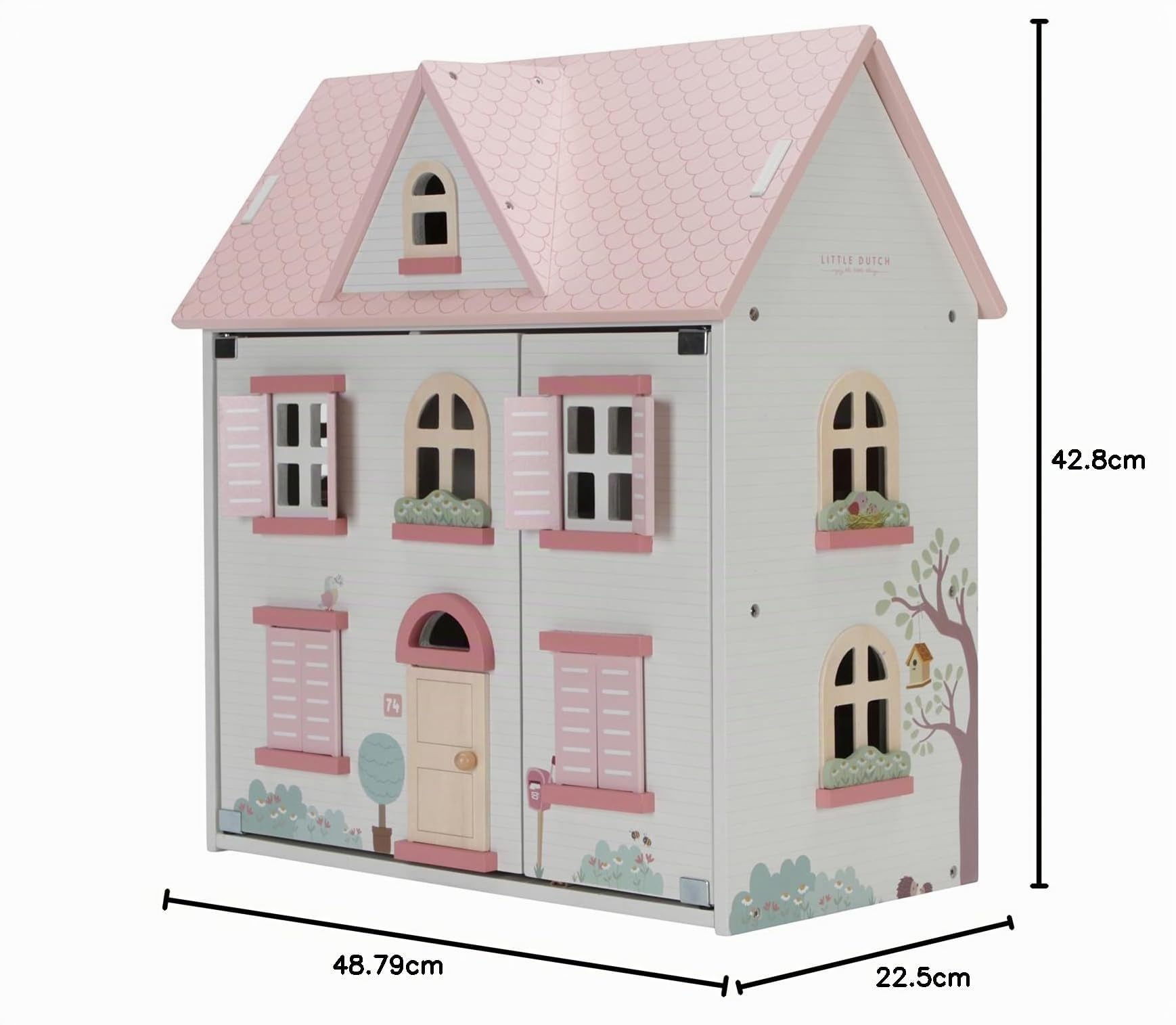Little Dutch Casa de muñecas grande de madera desplegable con muchos accesorios, figuras de juego y muebles, color blanco y rosa