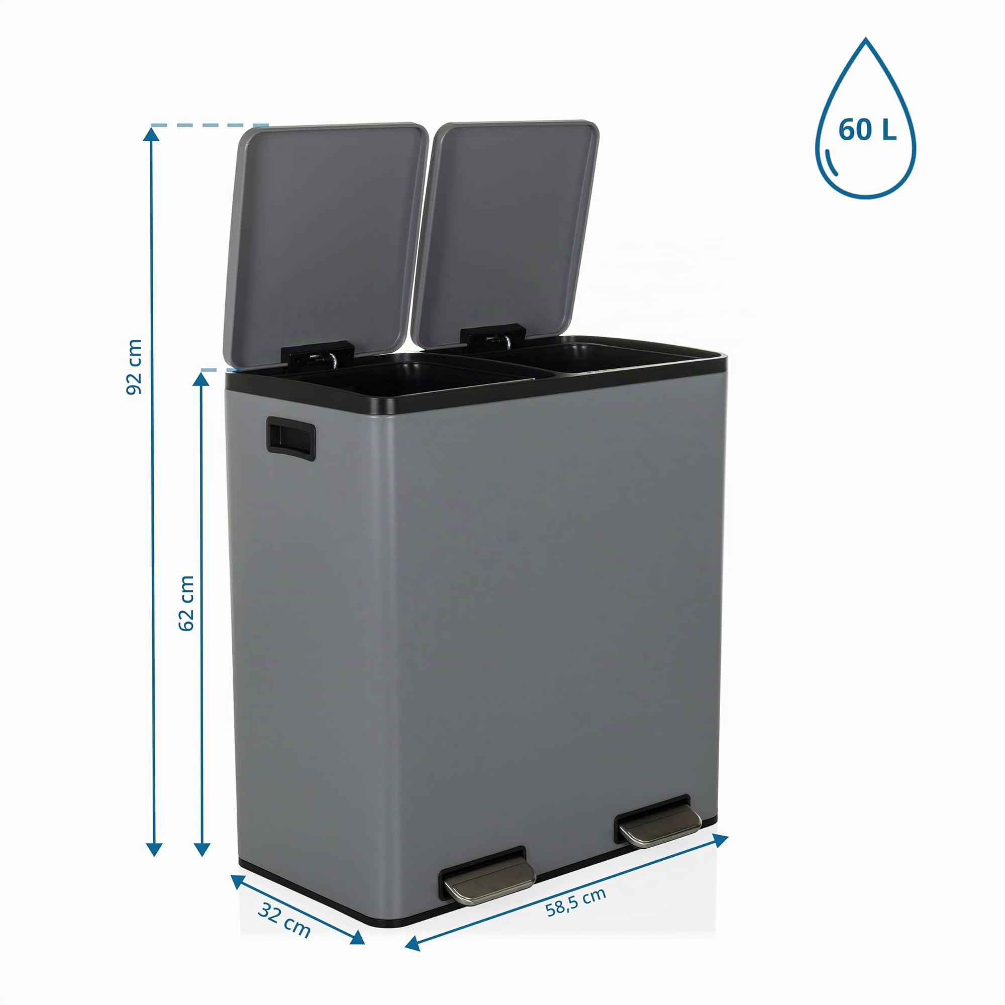 OFFICE Pattumiera 2 x 30 l, acciaio CLEAN XIII, sistema raccolta differenziata, chiusura morbida, pattumiera pedale 2 scomparti, grigio