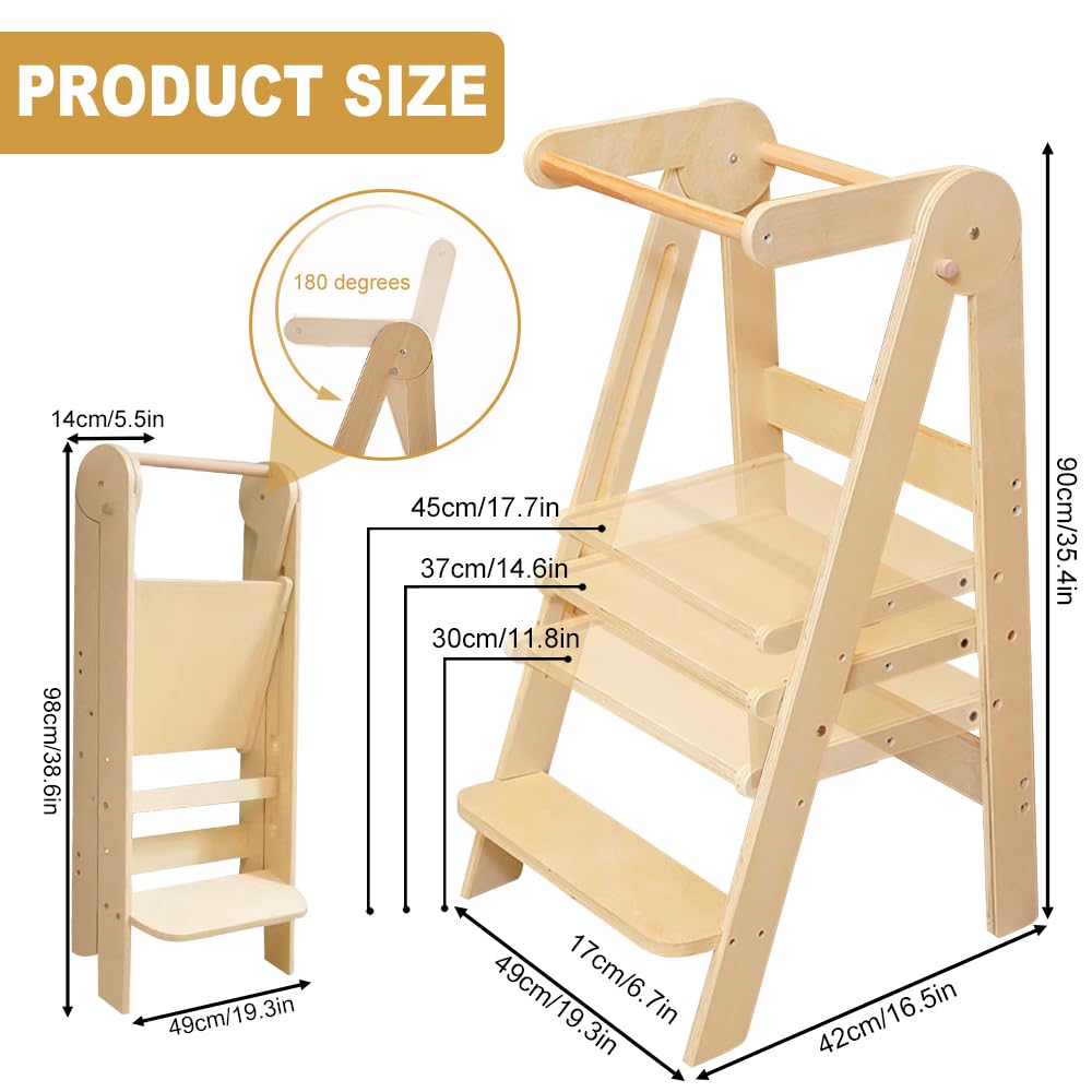 Torre pieghevole per bambini, torre di apprendimento in legno, altezza regolabile a 3 livelli, per bambini, da 1 a 6 anni, sgabello per cucina e bagno