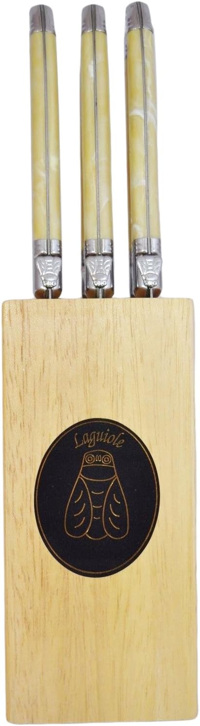 Laguiole 6 Piece Steak Knife Set and Pale Horn Handle with Wooden Block by Jean Neron