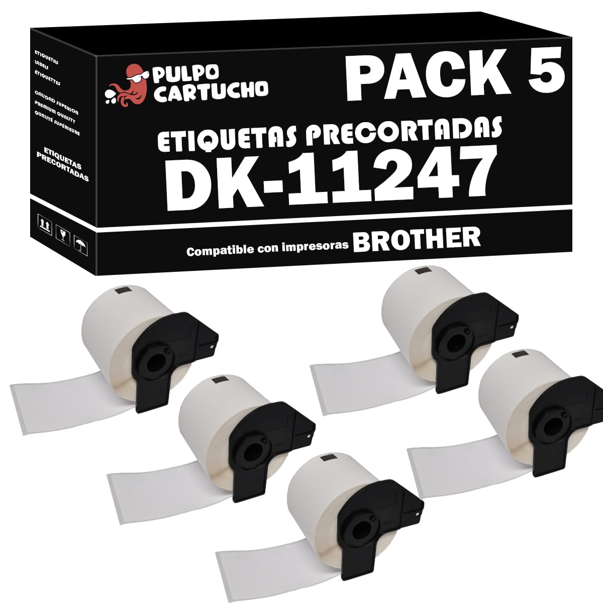 Pulpo Cartucho - Pack 5 Rollos Etiquetas Precortadas DK11247 Compatible con Brother DK-11247 - Etiquetas para envíos grandes 103 mm x 164 mm - Para Impresoras P-Touch QL 1050, QL 1060, QL 1100