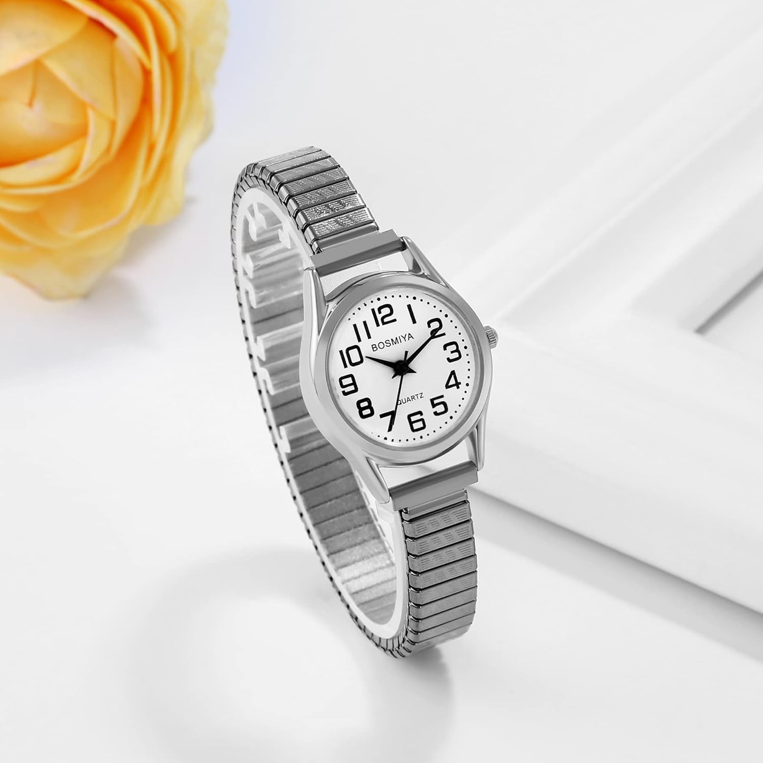 JewelryWe Women's Big Dial Easy Reader Watch Gold/Silver Tone Elastic Stretch Band Wristwatch for Valentine's Day - Image 7