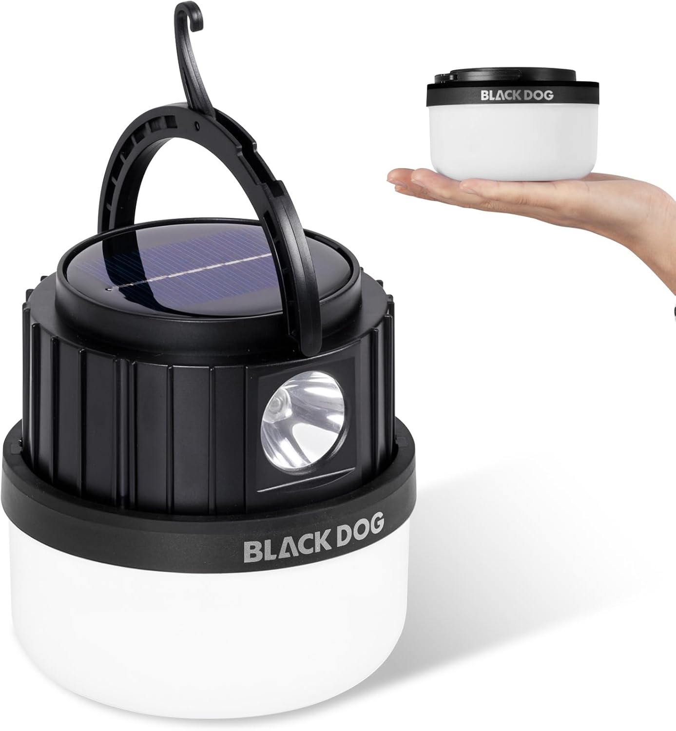 BLACKDOG 2-in-1 Solar Camping Lantern & Flashlight, Rechargeable Outdoor Light with Warm/Cool Modes, Collapsible Emergency Lantern with Hidden Hook, Type-C Fast Charge for Hiking, Power Outages(Black)