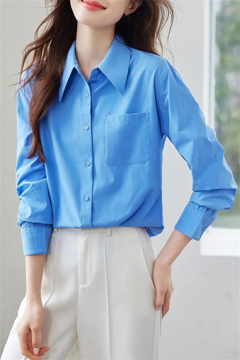 Blusa de manga larga para mujer, cuello vuelto, informal, para oficina, trabajo, negocios