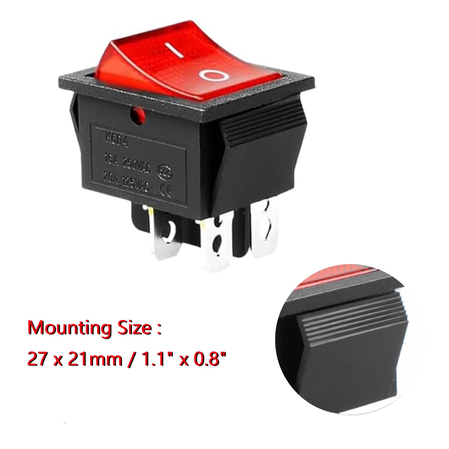DPST Rocker Switch, Red Light, 4 Pin On/Off, Black and Red, 16A/250V 20A/125V AC Rating, Snap-in Design 2pcs