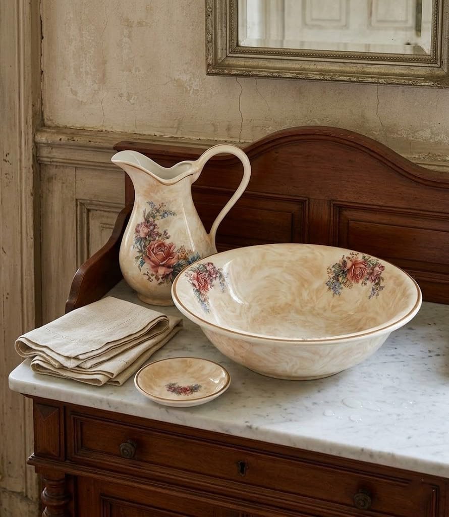 Set Toilette in Ceramica per Lavabo Bagno Antico Rosa Selvatica
