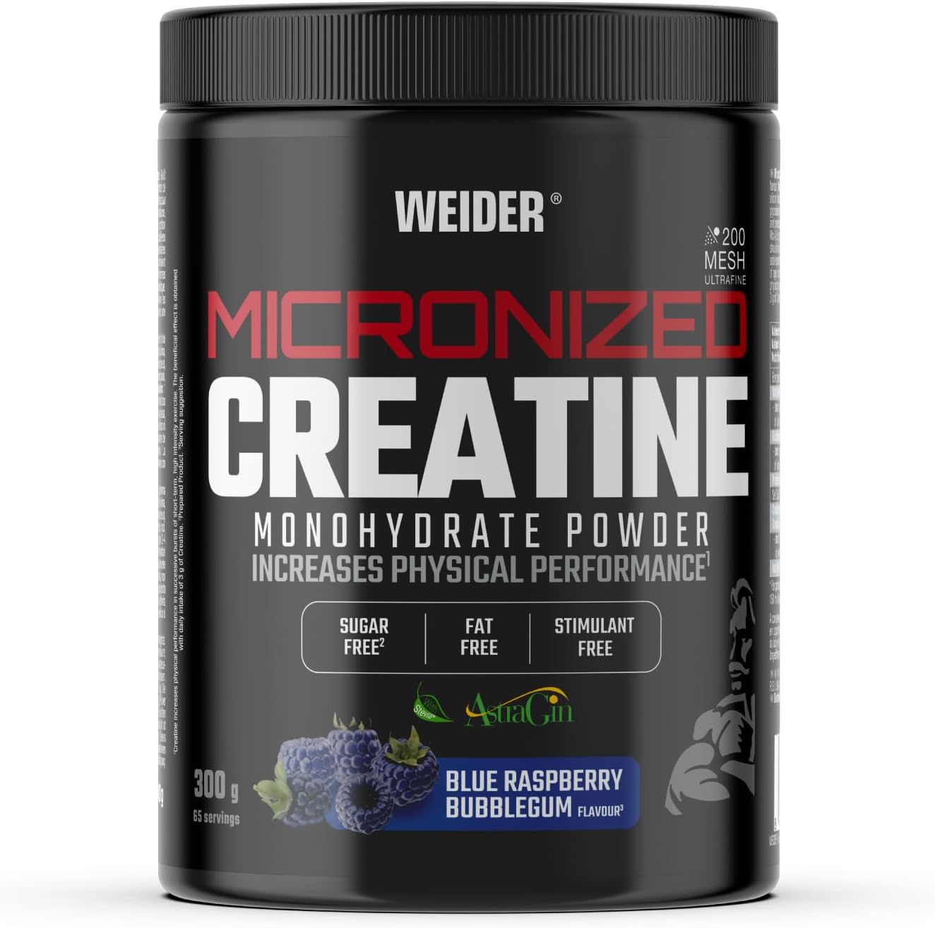 Weider Micronized Creatine Monohydrate Powder (300g) Blue Raspberry Bubble Gum Flavour. Creatine Monohydrate 200 Mesh Ultrafine with AstraGin, with Stevia, Vegan, Increases Physical Performance