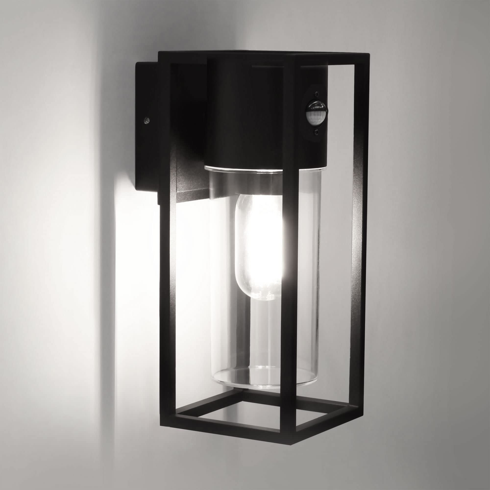 Maxkomfort Außenwandleuchte Wandlampe Außenleuchte E27 mit Bewegungsmelder Schwarz IP44 Beleuchtung Garten Sensor moderne Wandleuchte aus Aluminium 1845A1