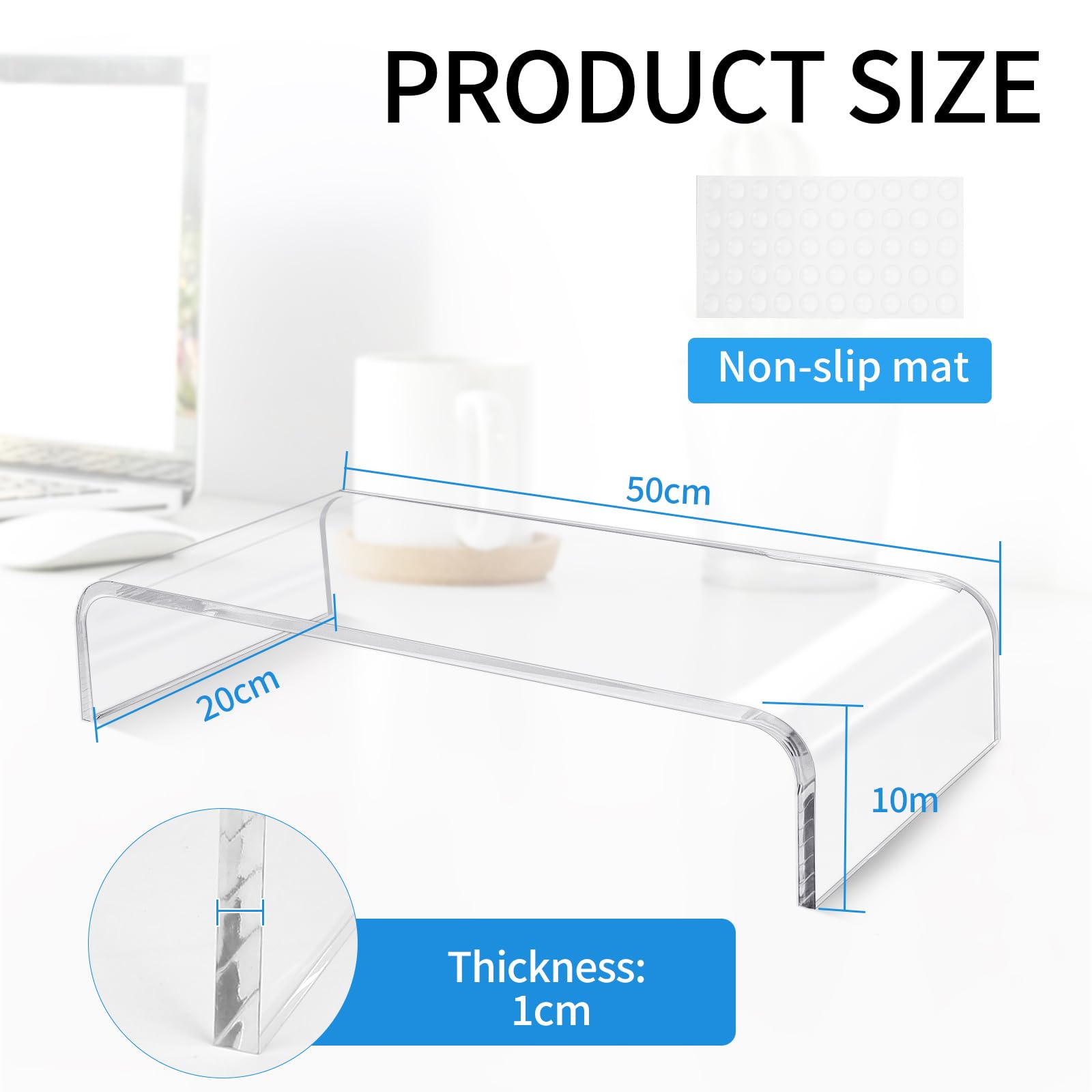 SWAWIS Podwyższenie monitora akrylowego, 50 x 20 x 10 cm, grubość 10 mm, stojak na monitor, stojak na monitor, biurko, do laptopa, monitora, komputera