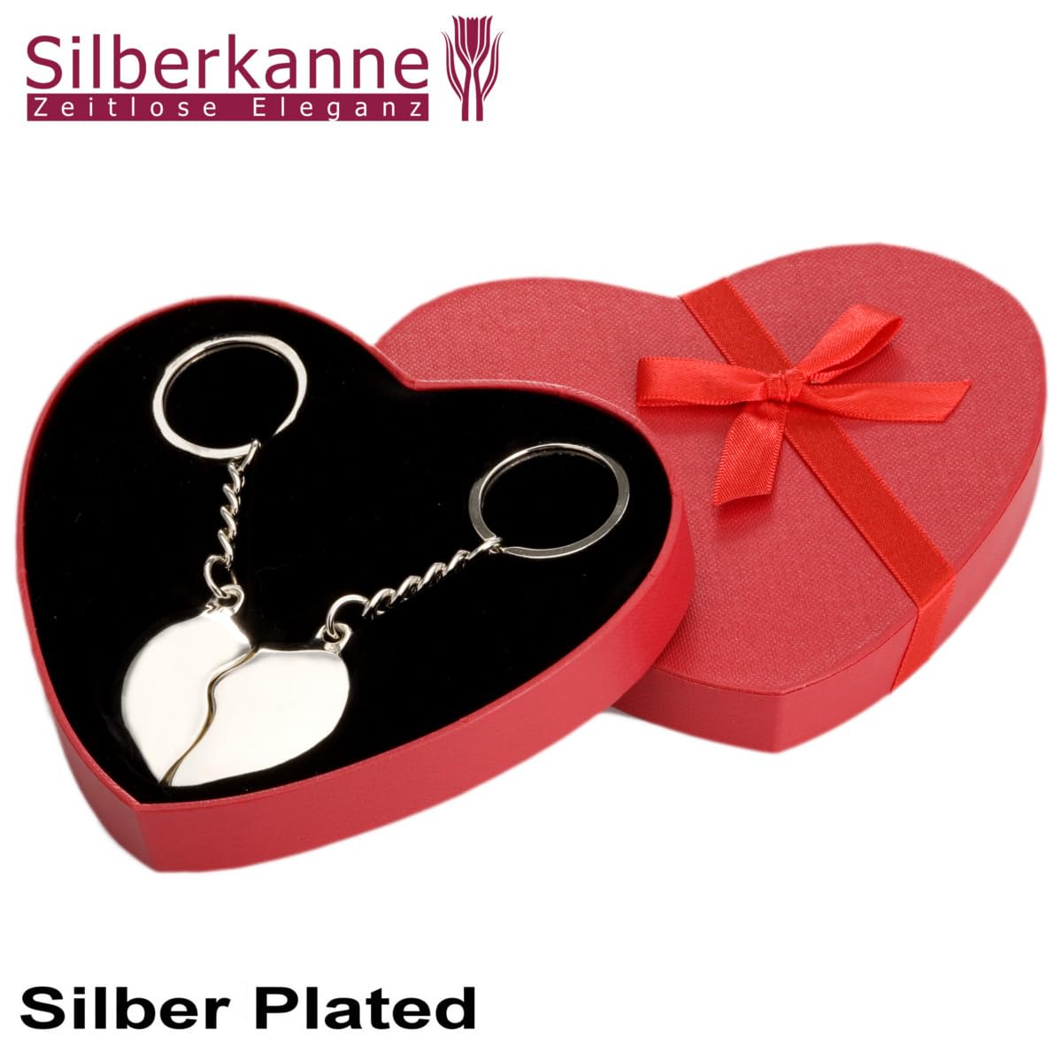 Llavero con forma de corazón dividido, 2 piezas, plata premium, chapado en plata, listo para regalar con elegante paquete de regalo, plata, 10,5 cm