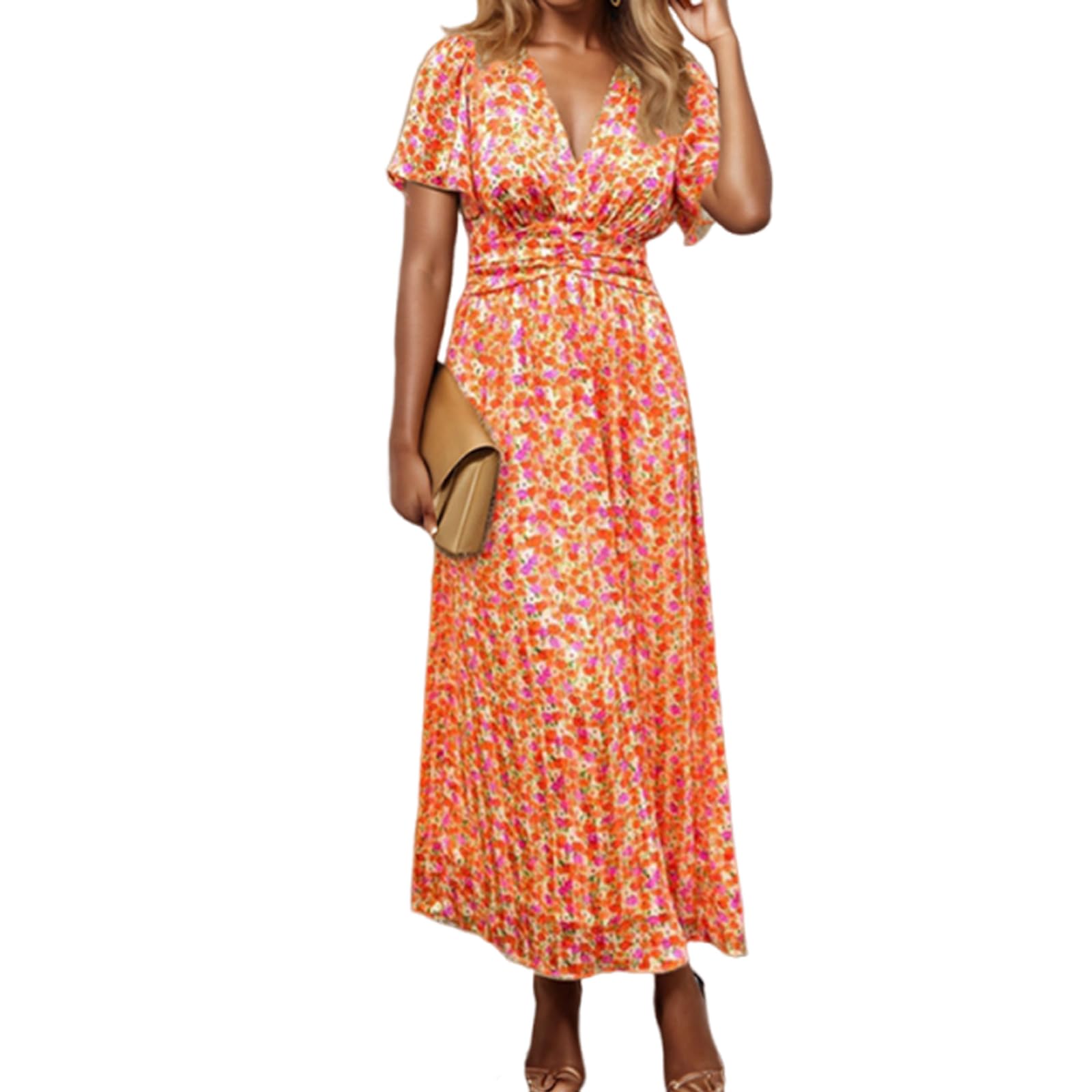 Nbzsmlkn Women's Sweet Vintage Floral Dress,Womens Floral Vacation Dresses Casual Waisted Beach Sundresses,Short Sleeve Wrap V Neck A-Line Midi Casual Vacation Dresses (Orange,XXL)