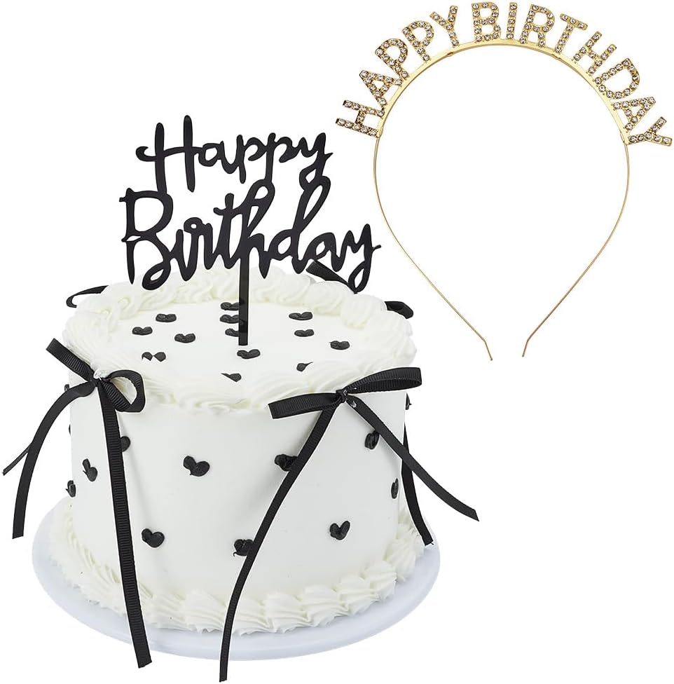 ORIGACH 6 Inch Black Bow Artificial Birthday Cake Model, Realistic Fake Birthday Cake with Hairband and Letter Toppe, Simulation Model for Dessert Shop Display and Photo Shoot Accessory