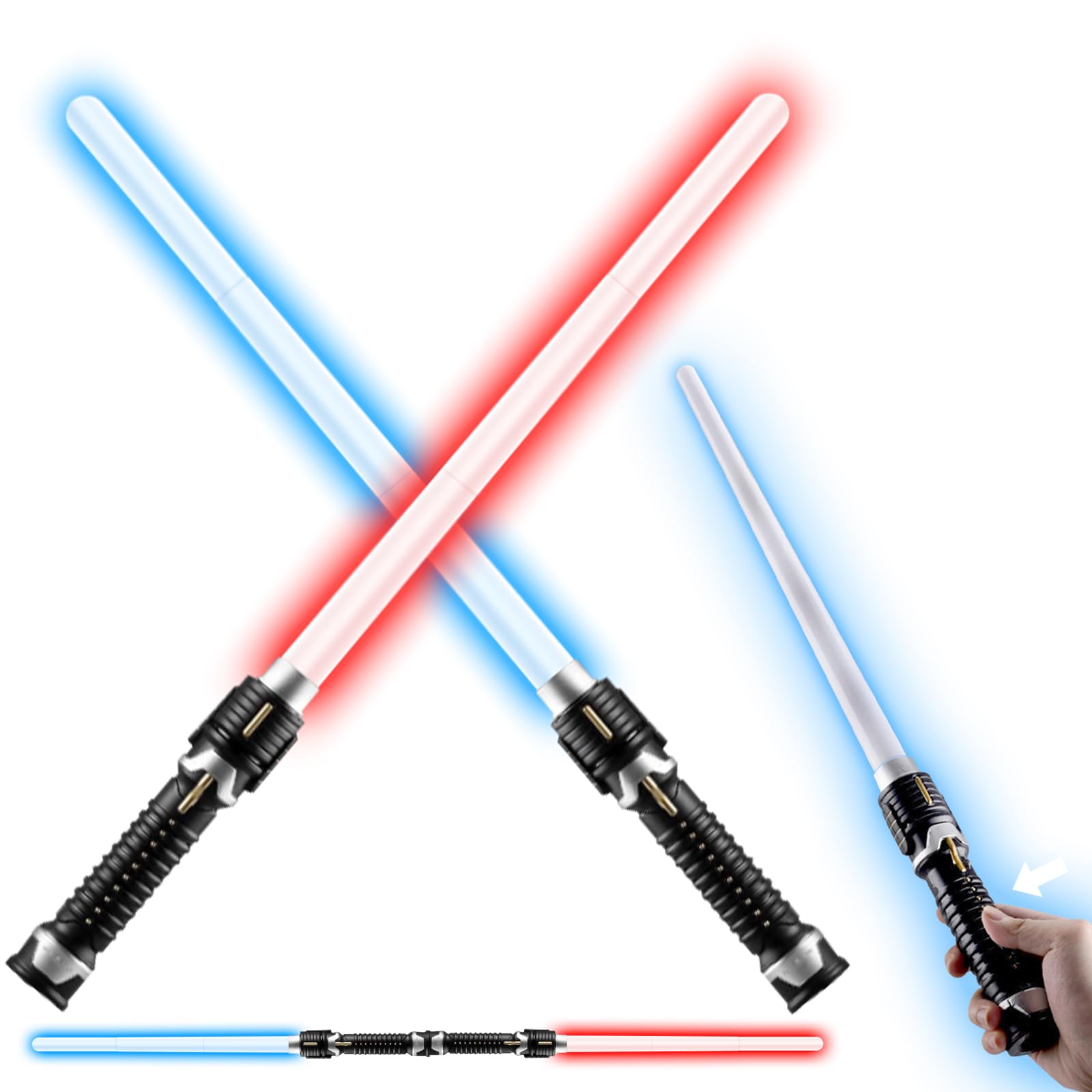 Set 2 Spade Laser Ricaricabili Per Bambini 2 In 1 Retrattili – 15 Colori LED Con Effetti Sonori, Giocattolo Cosplay