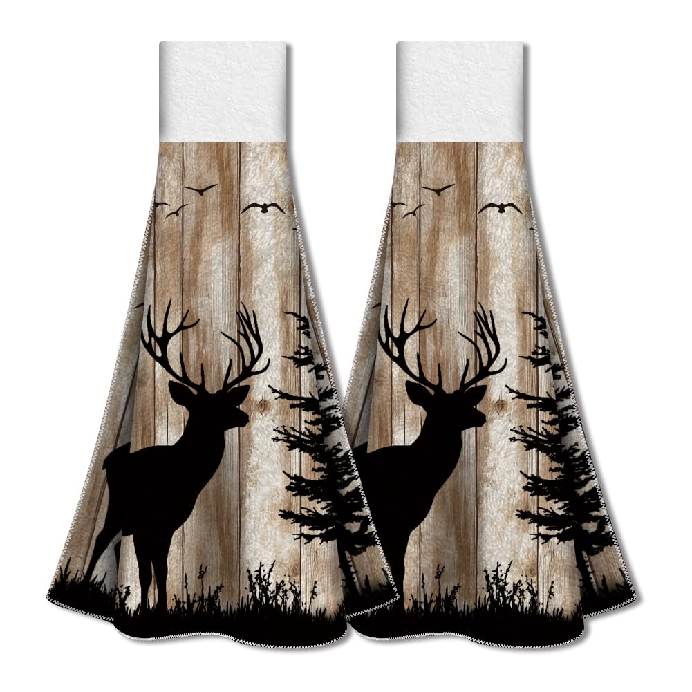 Torchons de cuisine à suspendre WADORN style vintage motif cerf de la forêt | Lot de 2