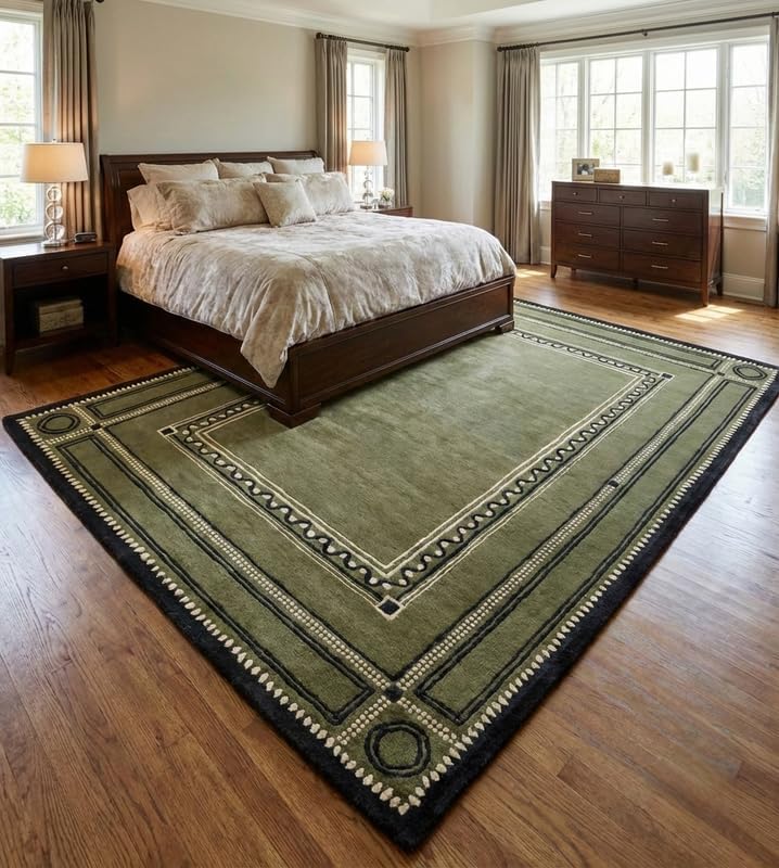 Olive Green Traditional Area Rug – 100% New Zealand Wool – Black Border Geometric Design – Premium Handmade Living Room & Bedroom Carpet (Size: 9x12ft)