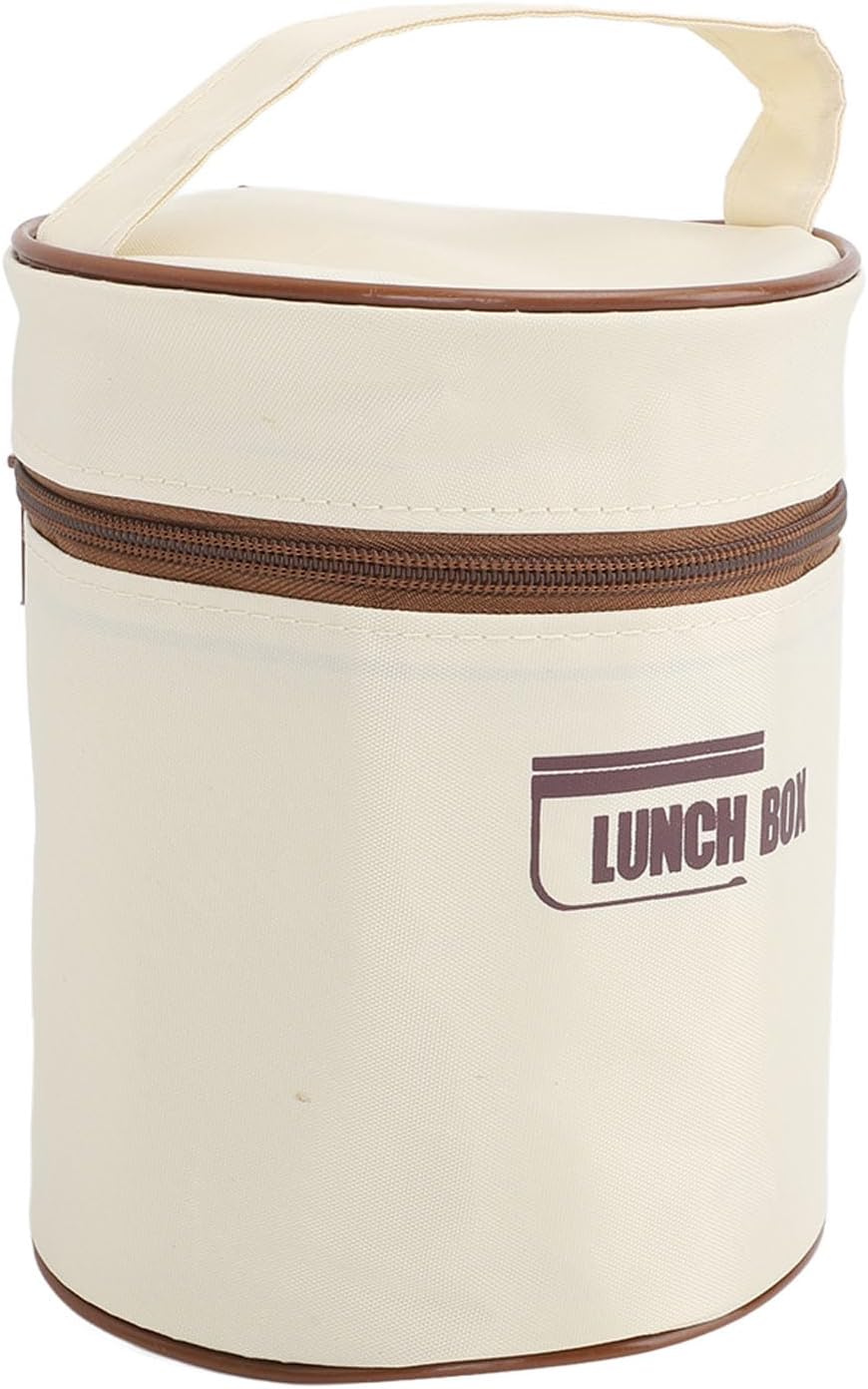 Hztyyier Leakproof 304 Stainless Steel Lunch Box, Insulated Container with Thermal Bag, Round Thermal Lunch Box (Beige #11)