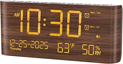 Mesqool Digital Alarm Clock for Bedroom with Date Temperature and Humidity, Dual Alarms，Loud Volume, USB and Type-C Charging Ports (Brown)
