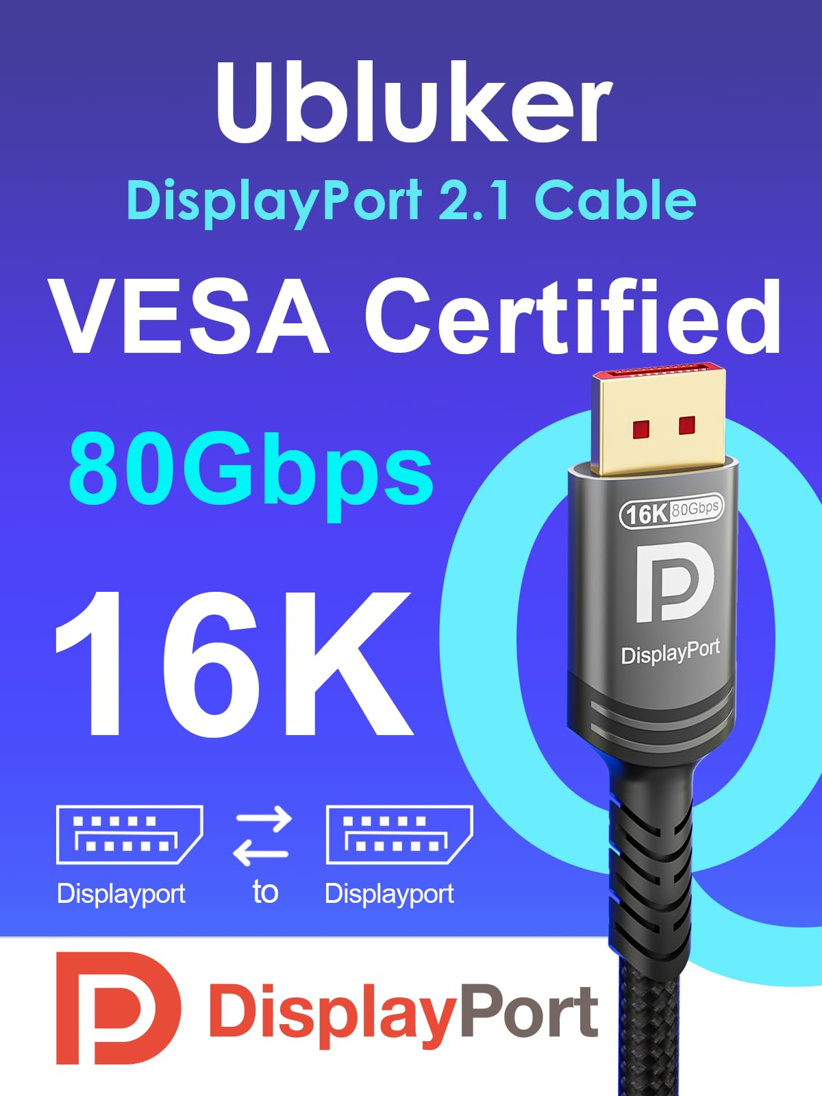 Cavo DisplayPort 1.4 8K @60Hz / 4K @144Hz, 1 Metro, 32.4 Gbps, HDR, Per PC, Monitor, Proiettori, Gaming
