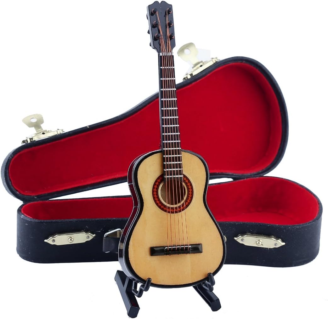 Wooden Miniature Guitar with Stand and Case Mini Musical Instrument Guitar Replica Collectible Figurines Dollhouse Accessories Model Home Decoration Display Ornament (5.91"x2.17"x0.74")