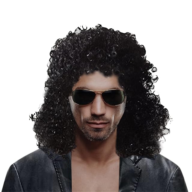 Foto 6 de 7 de Peluca negra rizada para hombre, de estrella del rock, estilo años 70 y 80, para disfraz de Halloween