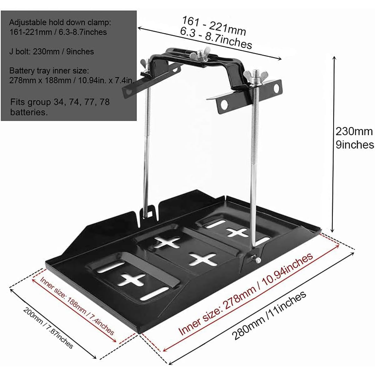Greluma kit vassoio di fissaggio batteria -bullone da 23cm con vano batteria da 28cm,portabatterie in acciaio resistente alla corrosione morsetto per staffa regolabile per auto,barca,marina