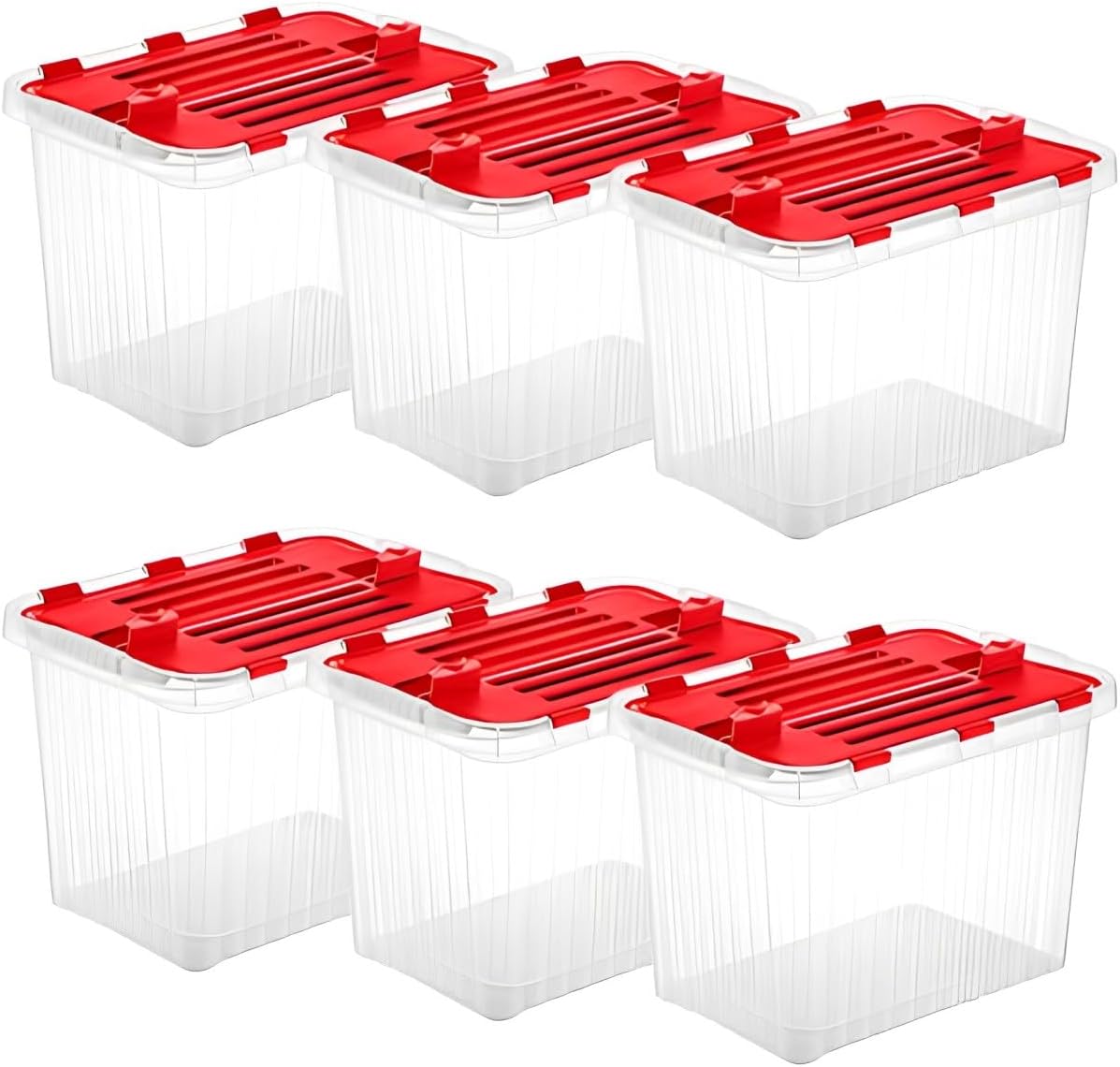 Superio Christmas Storage Box with Red Hinged Lids, 6 Pack Plastic Container Bins for Organizing with Attached Lid, Stackable Crates, BPA Free, Organizers for Home, Office, Dorm (6, 53 Quart)