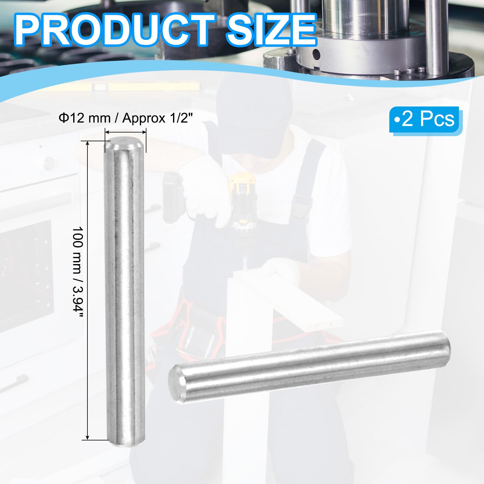 PATIKIL 304 Stainless Steel Dowel Pin 12x100 mm (1/2" Dia) - Image 2