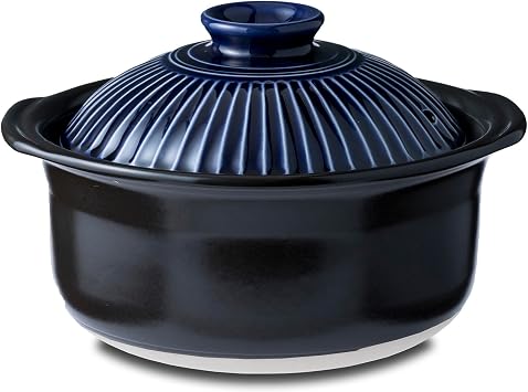 Ginpo Touki Ginpo Pottery Chrysanthemum Flower Rice Pot, 3 Cuisine, Double Lid, Earthenware, Compatible with Direct Fire, Lapis Glaze, Blue, Made in Japan