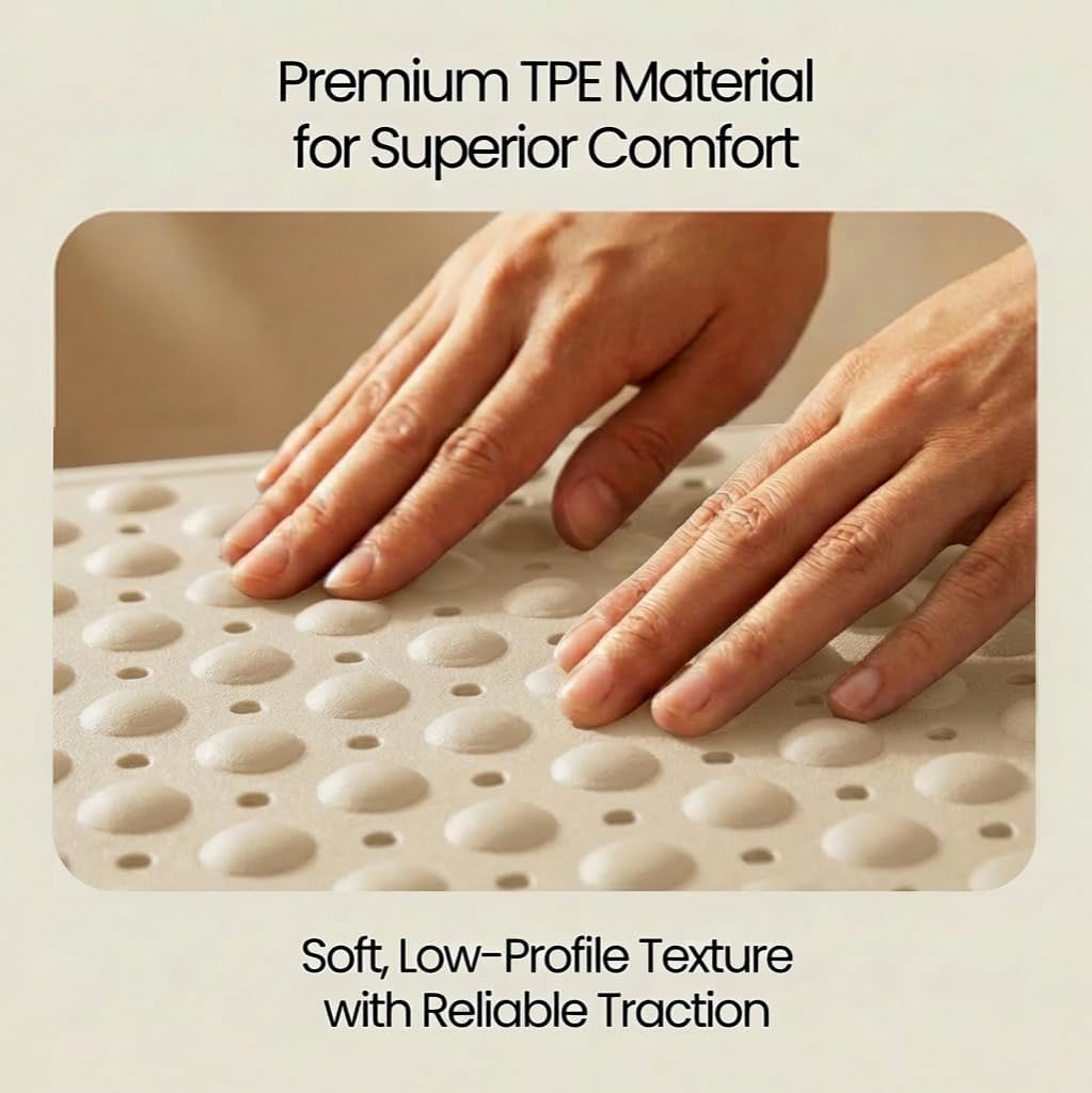 Minimalist TPE Bathtub Mat Non Slip for Tub & Shower, Bath Mat with Strong Suction Cups, Soft Comfortable Shower Mat, Quick Drain Holes, Machine Washable, Beige Mats, 27.5’’ x 16’’
