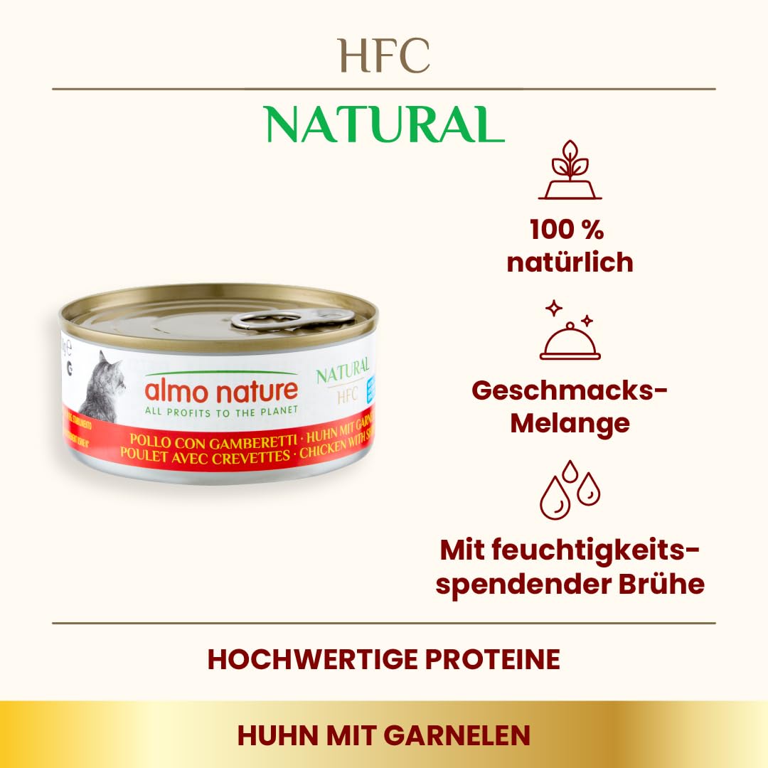 Almo Nature HFC Natural Nassfutter für Erwachsene Katzen - Hähnchen und Garnelen - 150 g, 24er Pack