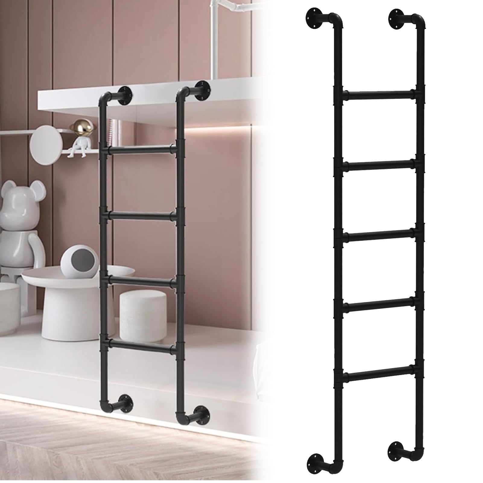 GJMSSMY High Bunk Bed Ladder Wall Mounted Metal Ladder for Home Loft, 3.3-9.8ft Entrance Egress Ladder, Window Well Basement Egress Ladder Wall Mounted Step Ladders for Roof/Garage(190cm/75in)