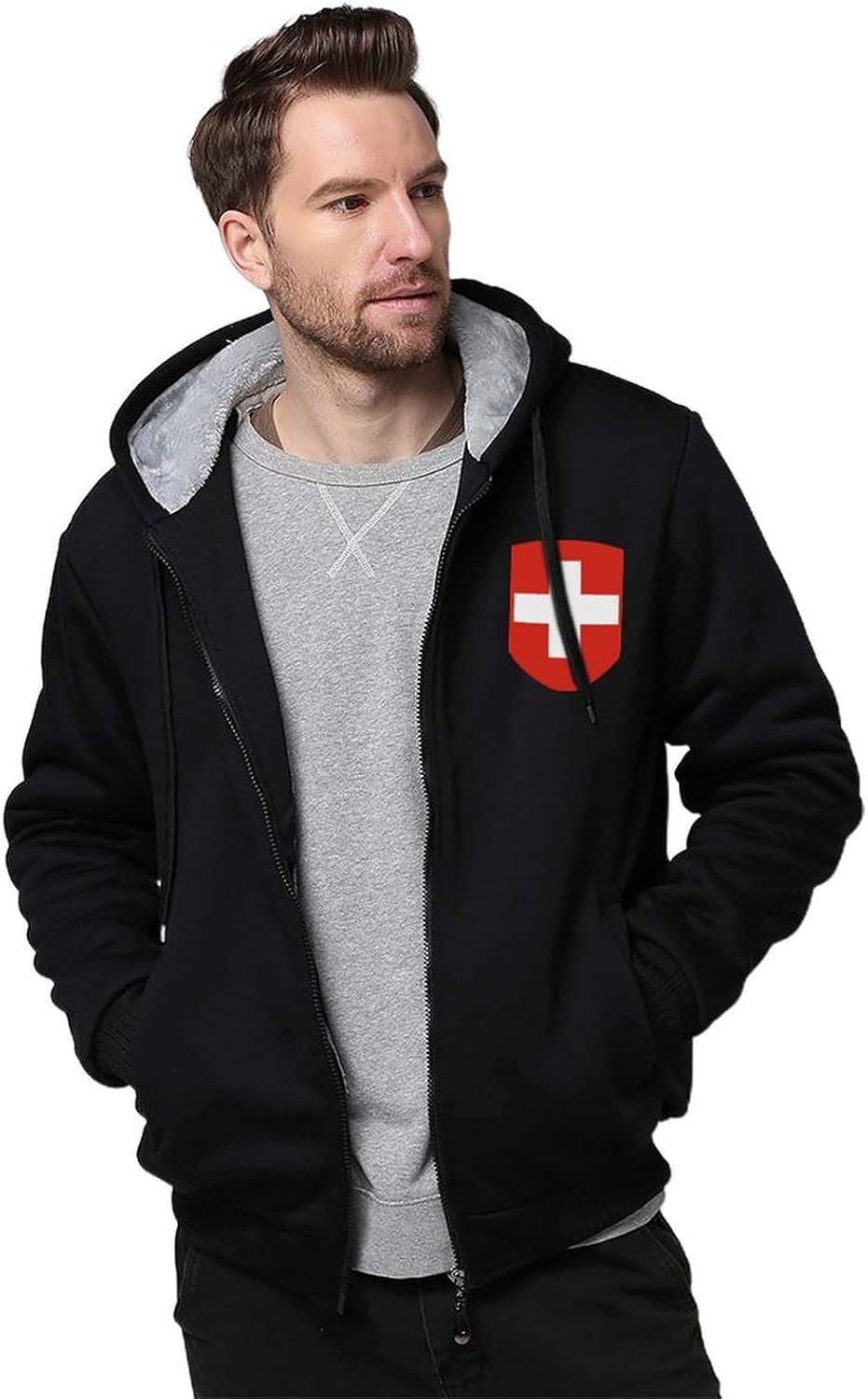 Winter Men Fleece Jacket, Warm Ski Hooded Jacket Outdoor Windproof Swiss Coat of Arms National Flag Print Tran