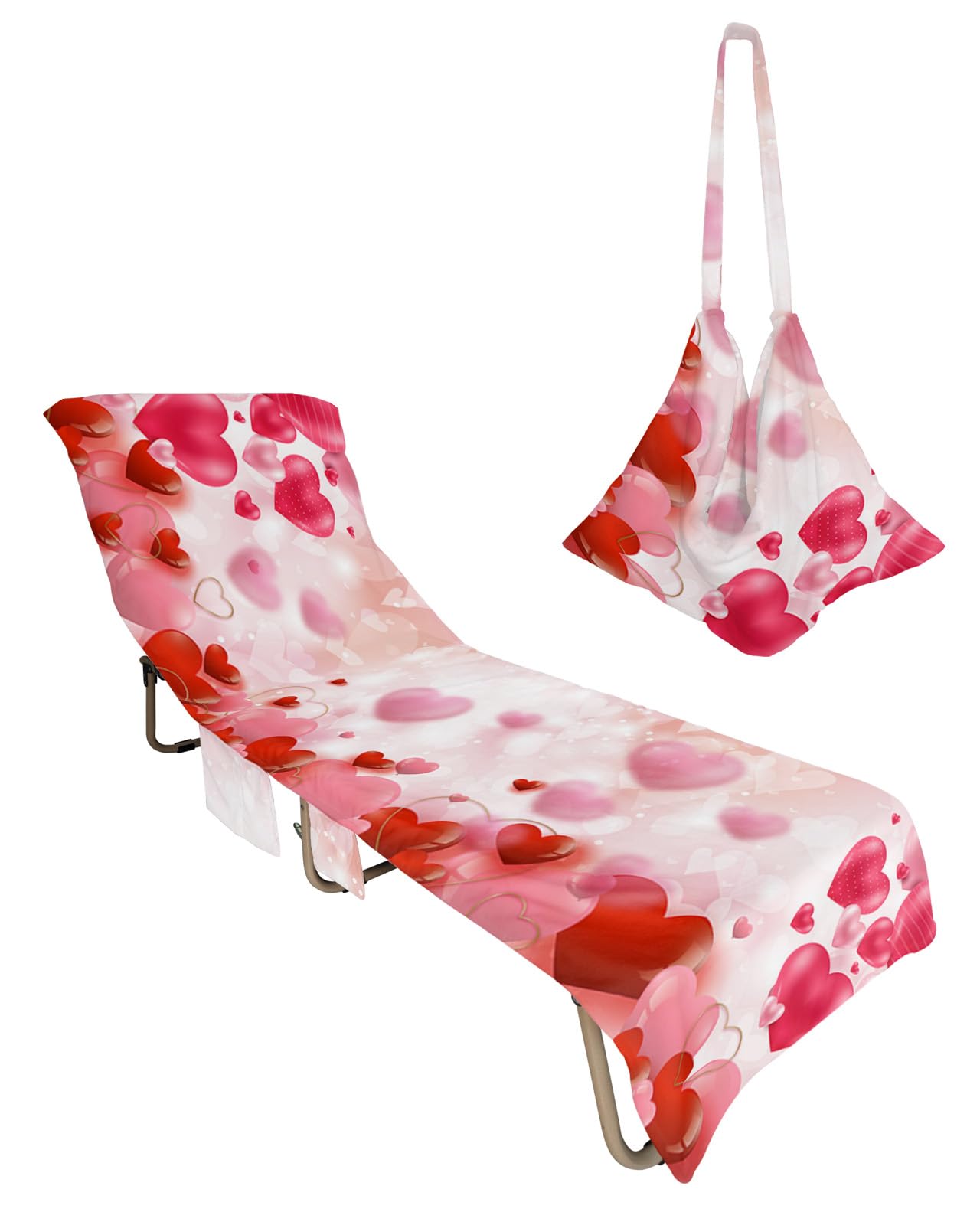 Watercolor Heart Beach Chair Towel Covers for Chaise Lounge with Side Pocket, Soft Plush Pool Towels Cover for Patio Sunbathing Outdoor 29''x85'' Valentine's Day Gradient Love Red Pink