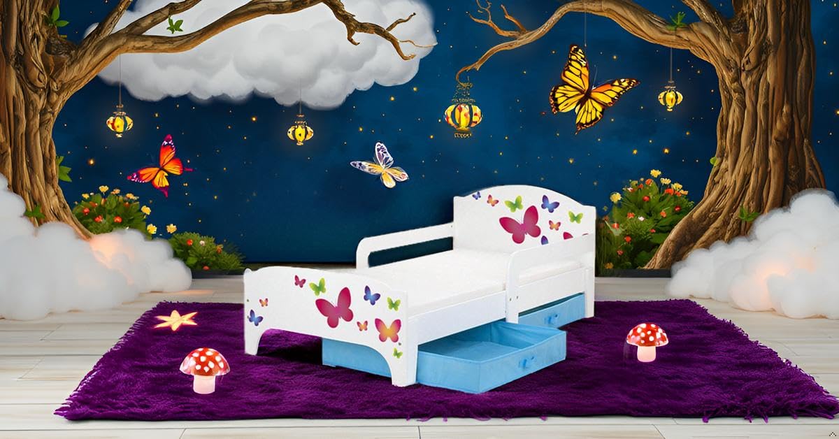 leomark Smart Cama Infantil de Madera - Mariposa - Marco de Cama, Colchón y Cajón, robustro Cómodo Dormitorio Impresa, Muebles para Niños, Espacio para Dormir: 140/70 cm