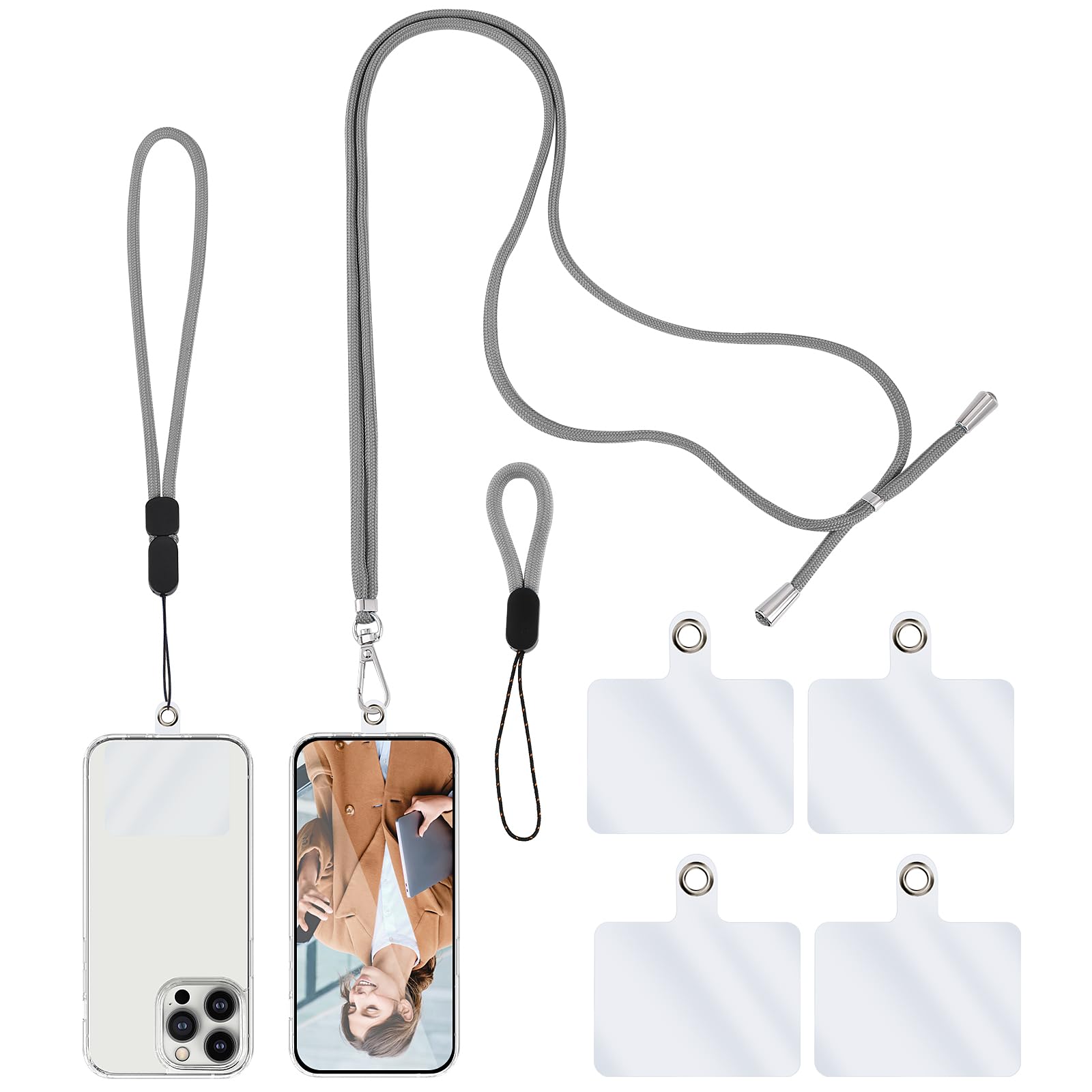 simarro Universal Cell Phone Lanyard, Crossbody Patch Phone Lanyards For Around The Neck, Phone Neck Lanyard, Wrist Phone Strap, Finger Phone Strap, 4× Phone Patch with Adhesive (Grey)