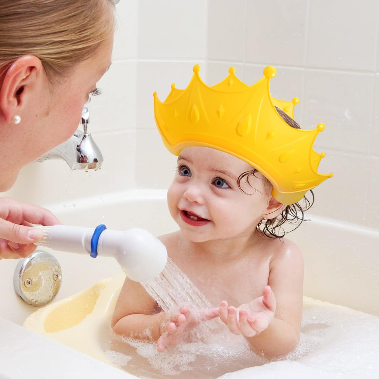 Baby Shower Cap Shield,Adjustable Silicone Bathing Hat,Cute Crown Shape Shampoo Hat,Soft Shower Protection Hat,Funny Hair Washing Shield,Bath Cap Visor Cap for Toddlers Kids Baby Children (Yellow)
