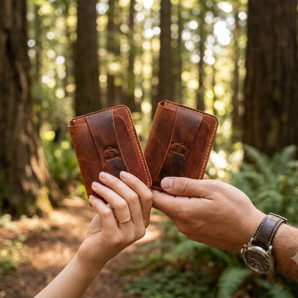 Dessi Handmade Crazy Horse Leather Card Holder Slim Minimalist with Keychain Vintage Tan Brown No Button for Men Women