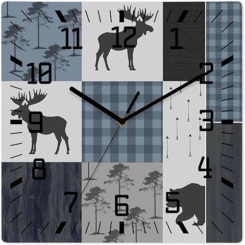 Vintage Plaid Wooden Wall Clock Silent Non Ticking, Farmhouse Bear Deer Trees Forest Checked Square Wall Clocks Battery Operated, Decor Clock for