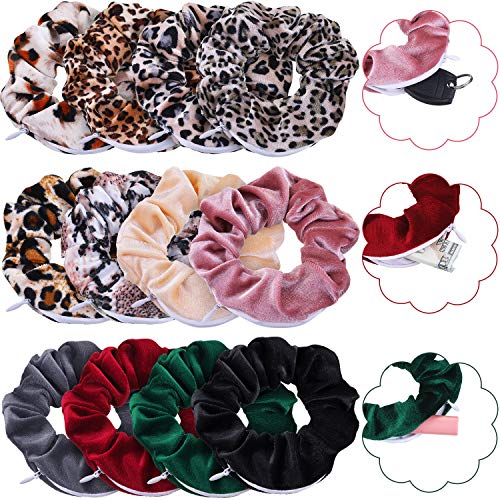 12 Pieces Velvet Pocket Hair Scrunchies Hidden Pocket Elastic Hair Scrunchy Velvet Hair Ties Ponytail Holder Multicolor Hair Bands with Hidden Zipper for Women Girls Hair Accessories