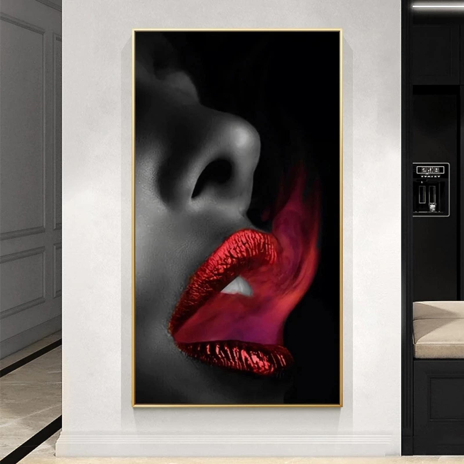 Mujer boca de humo rojo labios atractivos lienzo pintura carteles e impresiones imágenes artísticas de pared para sala de estar decoración del hogar moderno 60x120cm con marco