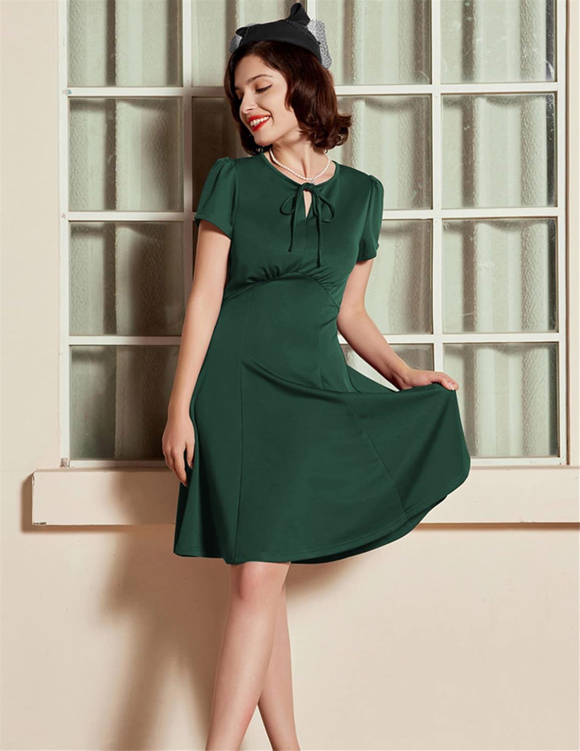 1950s Dresses for Women Church Women's 1940s Vintage A Line Tea Party Dresses Formal Dresses Dark Green - Image 2
