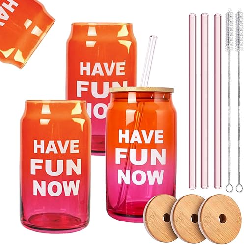 Greefun Vasos de colores para beber con tapa de bambú y popote de vidrio, diviértete ahora imprimiendo 16 onzas con forma de lata de vidrio, juego
