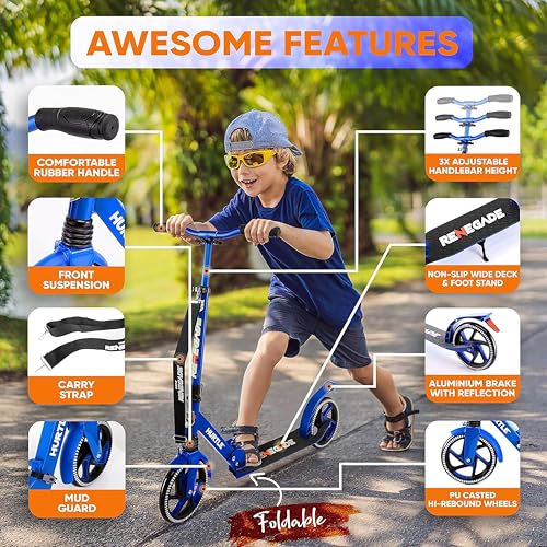 Image of Hurtle Renegade Kick Scooter for Kids, Teenagers & Adults - 2-Wheel Folding Scooter with Adjustable T-Bar Handlebar - Alloy Anti-Slip Deck